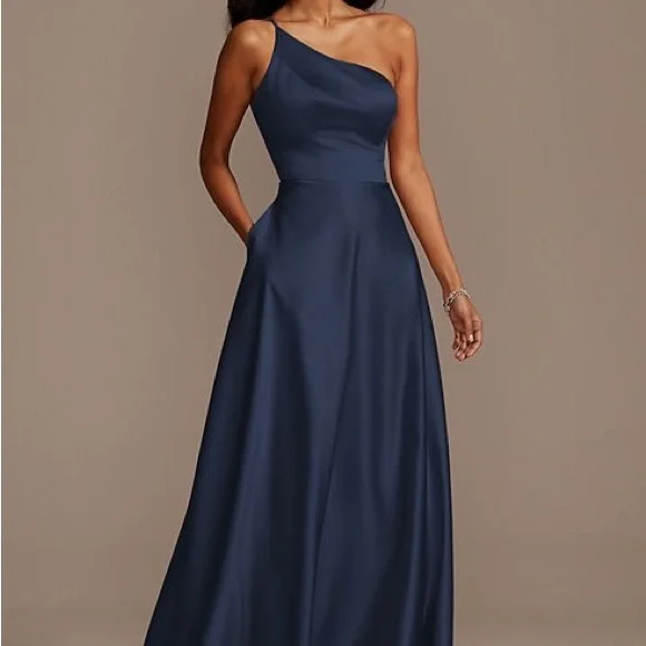 david's bridal one shoulder satin dress Matte Satin Knotted One-Shoulder Sheath Dress